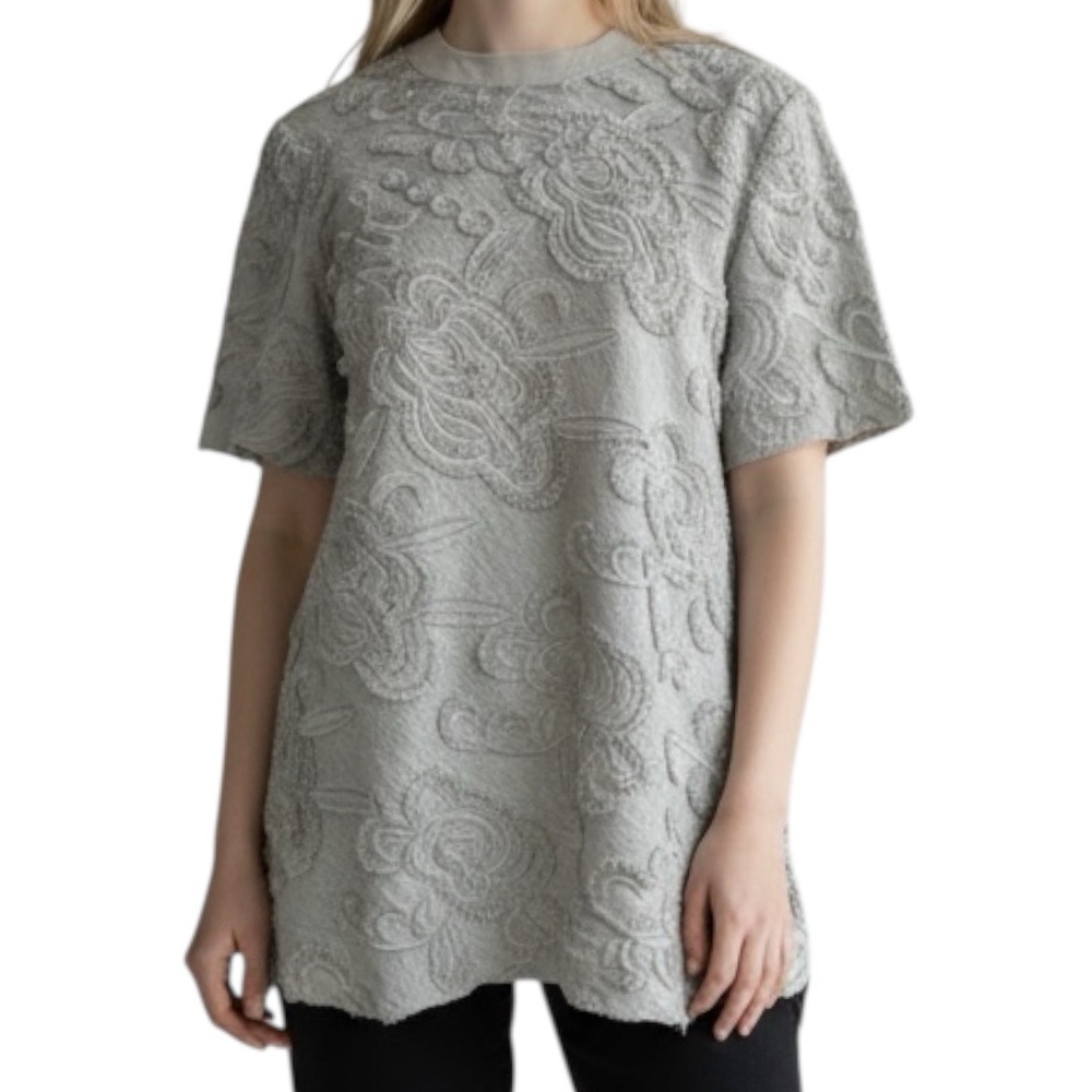 Pearl By Lela Rose Embroidered Chenille Silk Trim Jersey Knit TShirt SZ M Gray - Picture 2 of 12